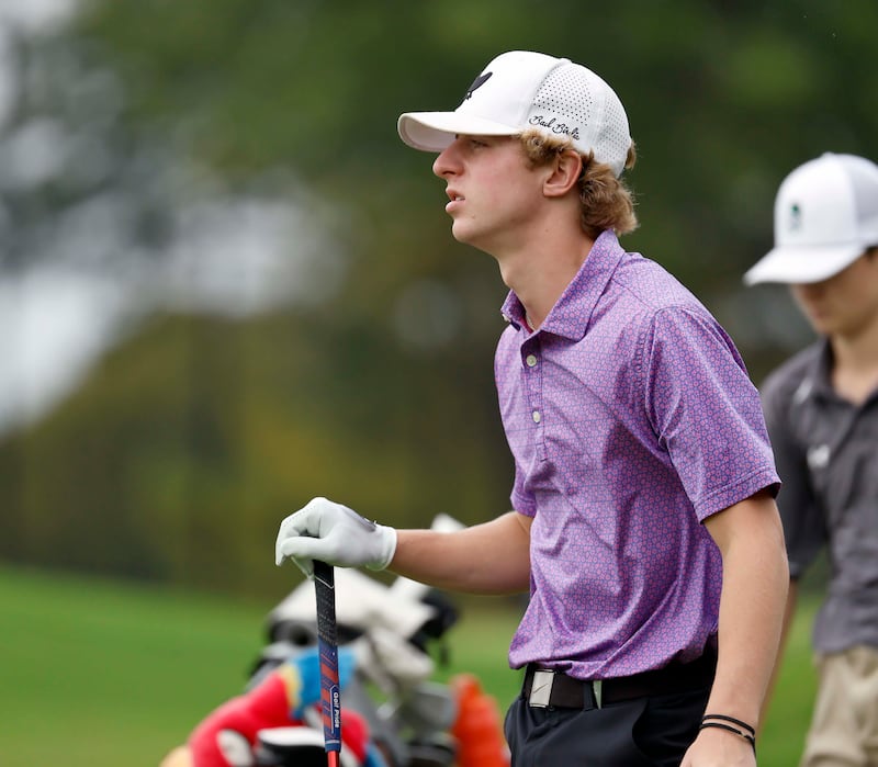 Nolan Adamczyk of Hampshire watches his tee shot during the Dundee-Crown Charger Invite Saturday, Sept. 20, 2025 at Randall Oaks Golf Club in West Dundee.