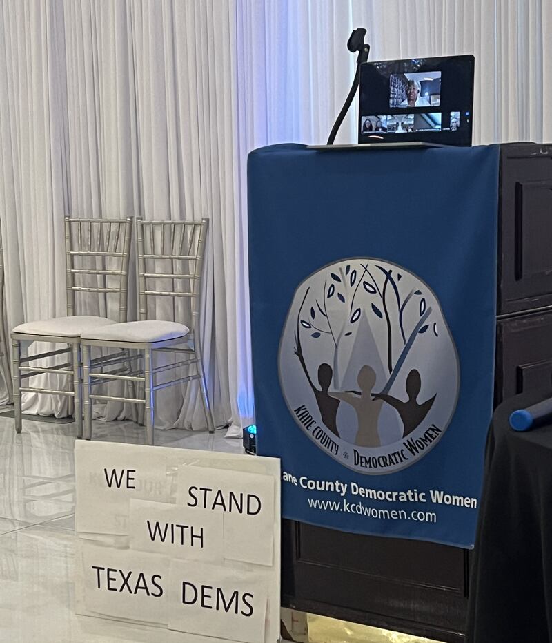 Texas state lawmakers speak via Zoom at a special meeting of the Kane County Democratic Women Wednesday, Aug. 6, at Carmina's Mexican Restaurant and Banquets in Elgin. They spoke remotely out of concern for their safety.