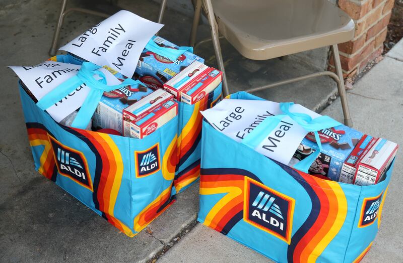 Some of the donations dropped off for the food drive Tuesday, Nov. 12, 2024, at the Stage Coach Theatre in Dekalb. The food collected will be assembled into dinner boxes to provide local families with a Thanksgiving meal.