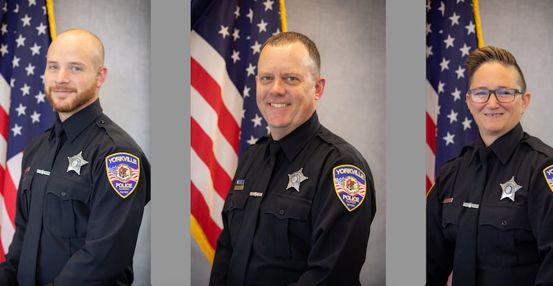 Yorkville Police Officers Luke Swanson (left), Roman Soebbing (middle), and Sara Gerlach (right) each received awards from the department for displaying exceptional service to the community.