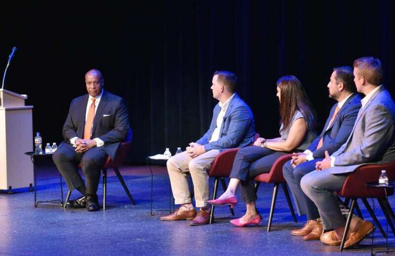 Members of Touchdown Arlington, a business group advocating for the Bears to move to Arlington Heights, hosted team President/CEO Kevin Warren, left, for a meeting in 2023 at the Metropolis Performing Arts Centre.