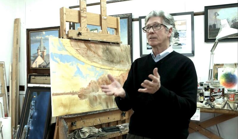 Former Amboy resident Daniel Shapiro speaks before a piece of art that depicts a 1973 UFO encounter in remote Canada.