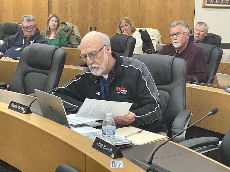 La Salle County Board member Doug Stockley (R-Earlville) expresses support for a resolution, asking Springfield to rescind a law, at a county board meeting Thursday, April 10, 2025. The law in question has limited counties from regulating solar and wind farms. Stockley was one of 21 members who supported Thursday's resolution.
