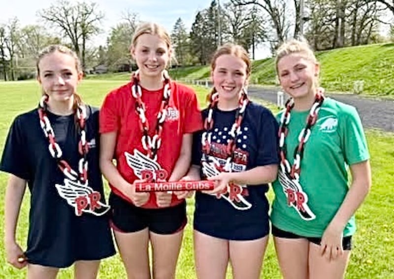 The LaMoille 8th grade 4x200 relay of Cali Kubat, Olivia Ultch, Claire Drummer and Dakota Wendelken captured the Bureau County championship with a time of 2:03.45.