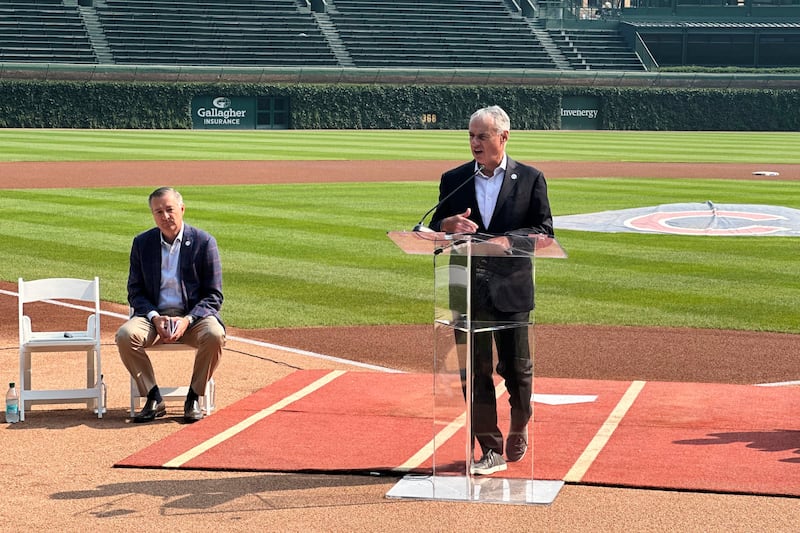 MLB commissioner Rob Manfred announces that Wrigley Field will host the 2027 All-Star Game as Chicago Cubs chairman Tom Ricketts looks on during a baseball news conference Friday, Aug. 1, 2025, in Chicago. (AP Photo/Andrew Seligman)