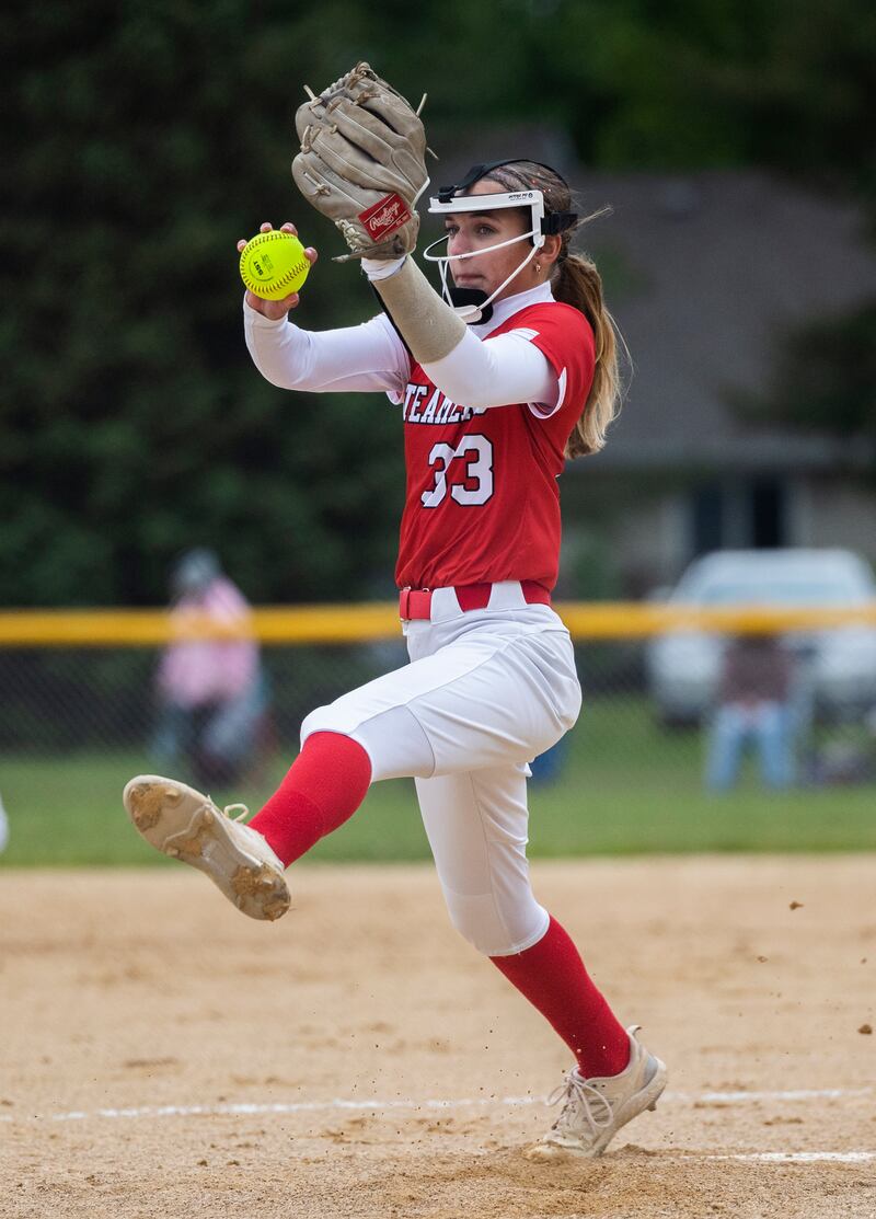 Fulton’s Jessa Read winds up for a pitch against Amboy last season during a regional semifinal softball game. Fulton won 7-4.