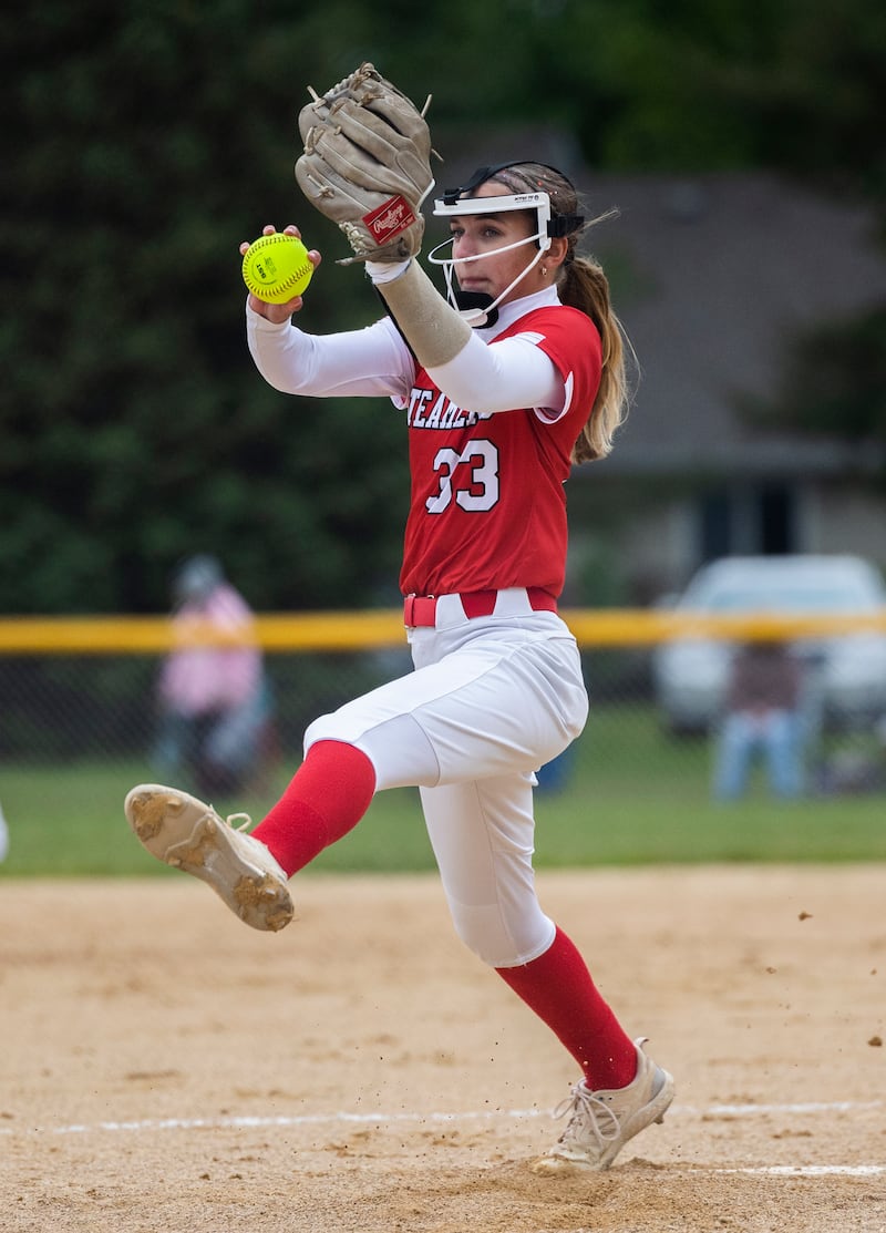 Fulton’s Jessa Read winds up for a pitch against Amboy Wednesday, May 21, 2025, during a regional semifinal softball game.