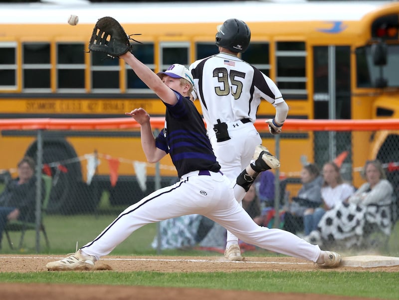 Sycamore's Trenton Meisch just beats the throw to Dixon's Jake Whelan for an infield single Thursday, May 29, 2025, during their Class 3A regional semifinal game at Freeport High School.