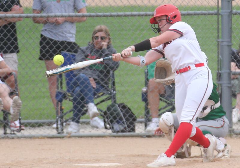 Ottawa's Aubrey Sullivan makes contact with the ball while facing L-P on Wednesday, May 7, 2025 at Ottawa High School.