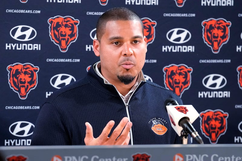 Chicago Bears general manager Ryan Poles talks to media during a news conference at Halas Hall in Lake Forest, Ill.,  on Wednesday. (AP Photo/Nam Y. Huh)