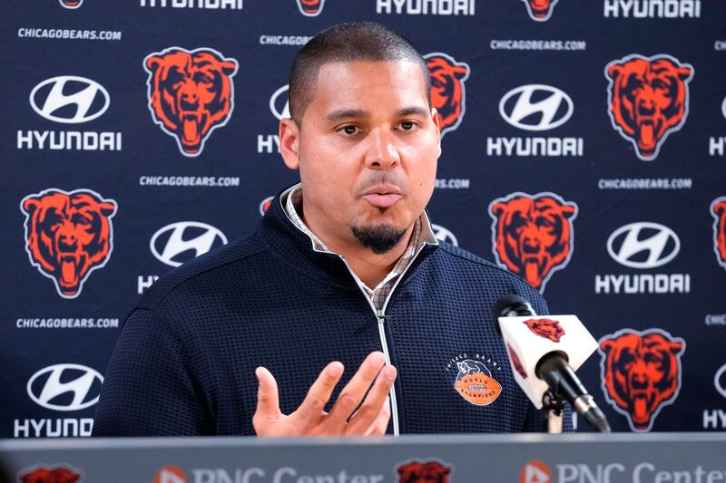 Chicago Bears general manager Ryan Poles talks to media during a news conference at Halas Hall in Lake Forest, Ill., on Wednesday. (AP Photo/Nam Y. Huh)