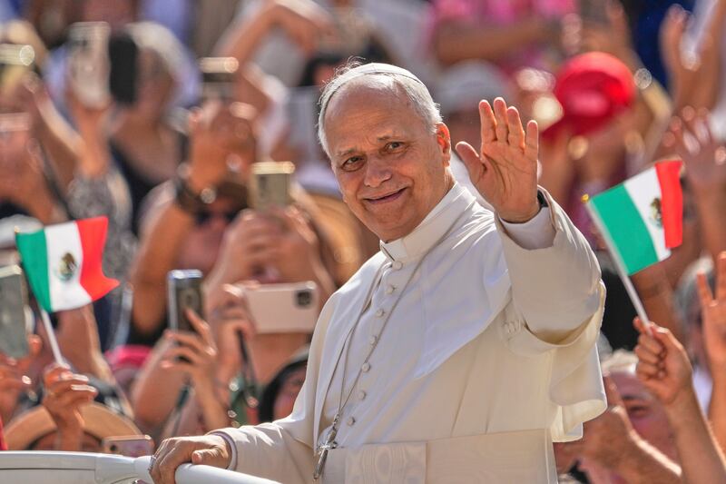 Pope Leo XIV arrives in St. Peter's Square on the occasion of the weekly general audience at the Vatican, Wednesday, Sept. 17, 2025. (AP Photo/Gregorio Borgia)