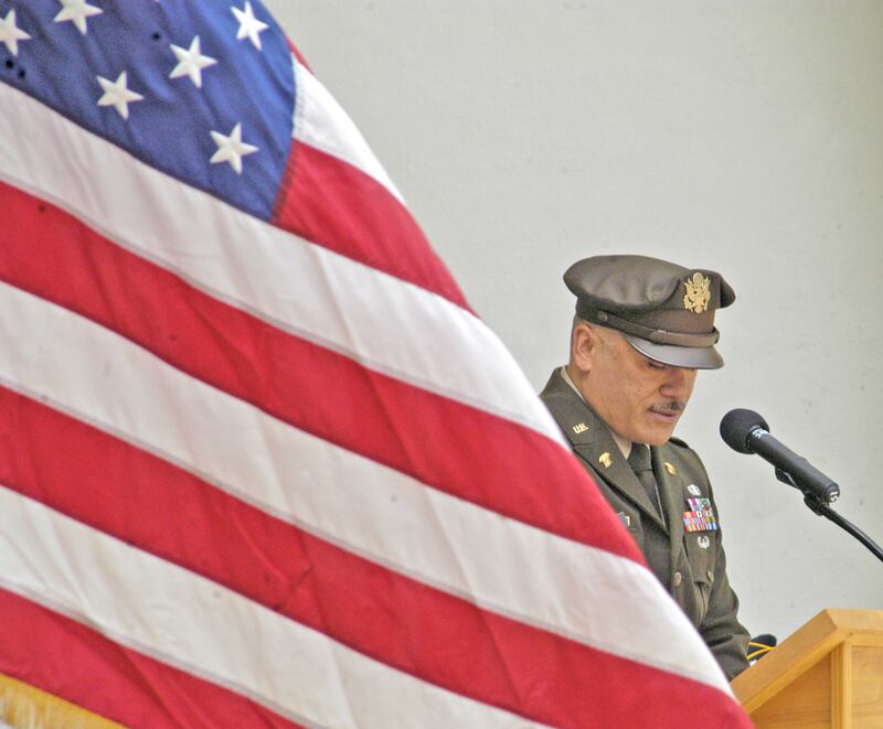 Guest speaker CW2 Ikaika Tautua addresses the crowd at Grandon Civic Center in Sterling on Monday, May 26, 2025.