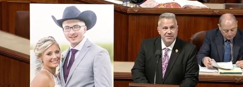 U.S. Rep. Eric Sorensen (right) speaks from the floor of the U.S. House of Representatives on Tuesday, April 8, in support of the Corrections Officer Blake Schwarz Suicide Prevention Act. A Chadwick resident, Schwartz, pictured in the inset photo with his wife, Michelle, died by suicide two years ago.