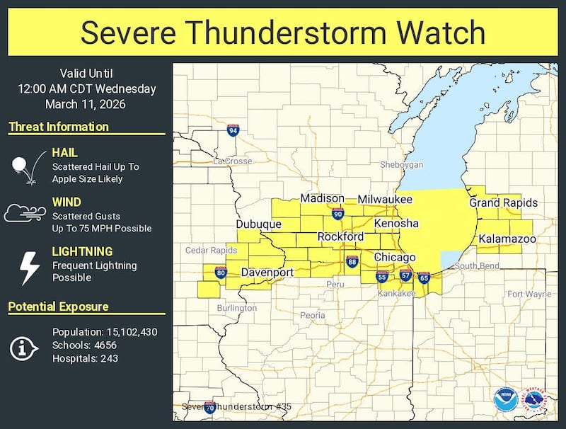 The National Weather Service issued a severe thunderstorm warning for much of northern Illinois on Tuesday evening, March 10.
