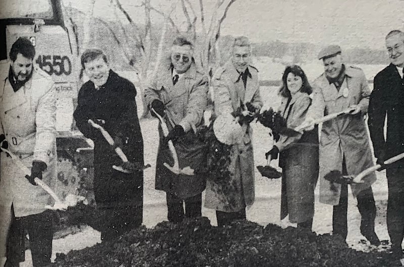Officials break ground for work on the improvements to the Riverfront Park on the Fox River in downtown Yorkville in 1986. Left to right, Yorkville Area Chamber of Commerce President Bruce Coleman, State Rep. Thomas Cross, Yorkville Mayor Bob Johnson, Illinois Gov. James Edgar, City Council member Kathy Jones, State’s Attorney Dallas Ingemunson and State Sen. Ed Petka.