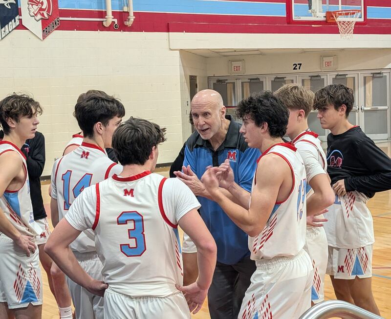 Marian Central first-year coach Rick Peterson talks to his players during a timeout Saturday, Dec. 14, against Cary-Grove in Woodstock.