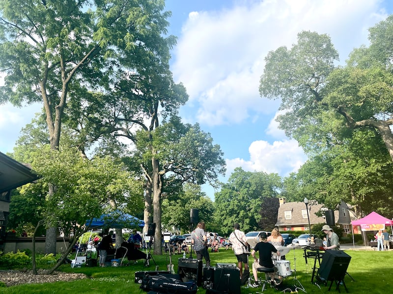 Local rock band The Katzpa Jammas performs on the lawn of The B. Harley Bradley House in Kankakee on June 17, 2025, during the Sip, Shop and Stroll event, a fundraiser hosted by nonprofit Wright in Kankakee, which oversees the operations of the historic Frank Lloyd Wright home. This year, the organization is celebrating the home's 125th anniversary.