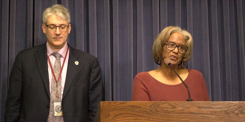 Sen. Doris Turner, D-Springfield, right speaks at a news conference Thursday. Turner is working with Sen. Mike Halpin, D-Rock Island, on a bill that would regulate commercial volume on streaming services.