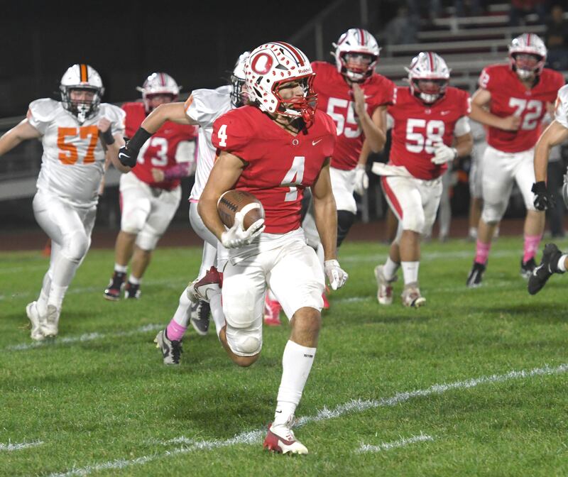 Oregon's Jakobi Donagen turns the corner en route to a touchdown during Friday, Oct. 17, 2025 action against Winnebago at Landers-Loomis Field in Oregon. The Hawks edged the Indians 20-18 to record their fifth win of the season.