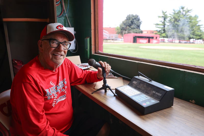 Roy Cordes sits in the press box at the Kankakee Community College Cavaliers baseball field on Tuesday, June 23, 2025. Cordes, who began calling games in 2008 and recently retired, said he's called over 1,500 games in his time as "the voice of the Cavaliers."