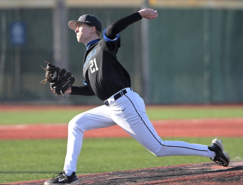 St. Charles North’s Emerson Miller pitches against Providence Catholic in a baseball game at Wheaton College on Tuesday, March 25, 2025.
