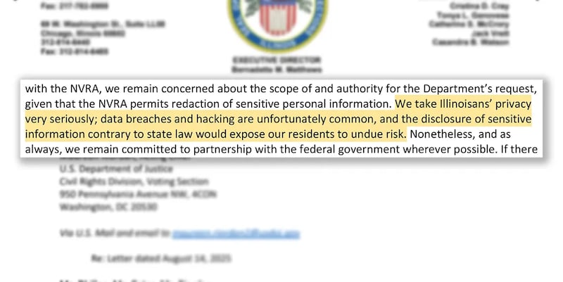 A letter from the Illinois State Board of Elections to the U.S. Department of Justice outlines the state’s concerns with the department’s efforts to collect sensitive voter data.