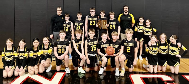Putnam County defeated host Indian Creek 57-21 to capture the Waterman Sectional seventh grade championship on Monday night. The Pumas (24-1) will face Normal Epiphany at 2:30 p.m. Saturday in the 2A state quarterfinals at Macon Meridian High School. Team members are (front row, from left) Jace Newsome, Mylo Mertel, Liam Judd, Hans Frund, Sean King and Liam Askeland; and (back row) Mike Borri, Jacob Borri, Wyatt Rue, Marshall Holocker, Hudson Heiberger, Mason King and TJ Askeland. Cheerleaders are Reagan Doehling, Anya King, Sophia Lozano, Addilyn Podobinski, Harper Heuser, Penelope Bird, Eden Johnson, Collette Gapinski and Stella Guisti.