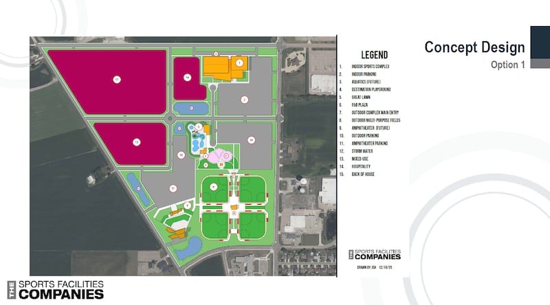 This is the first design of Peru's sports complex, revealed to the city council Monday, Jan. 26, 2026. There are two big X factors: Where to put it and, by extension, how much to invest in the land the city will need to develop it.