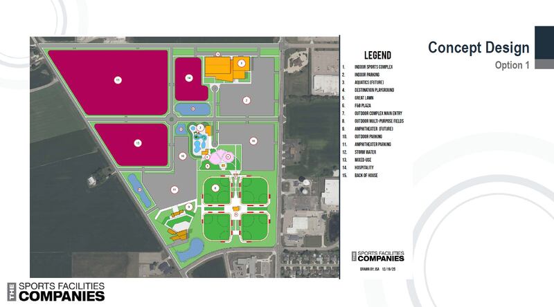 This is the first design of Peru's sports complex, revealed to the city council Monday, Jan. 26, 2026. There are two big X factors: Where to put it and, by extension, how much to invest in the land the city will need to develop it.