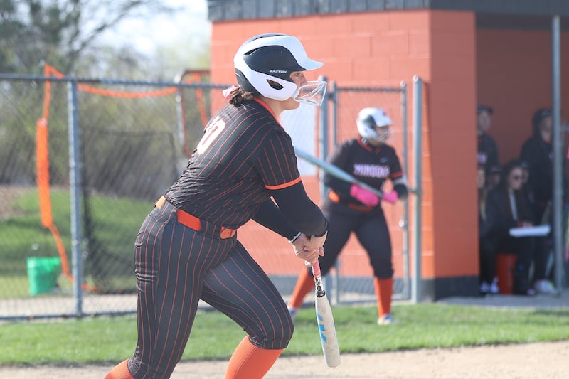 Minooka’s Addisonn Crumly drives in two runs against Joliet Catholic on Tuesday, April 7, 2026 in Minooka.