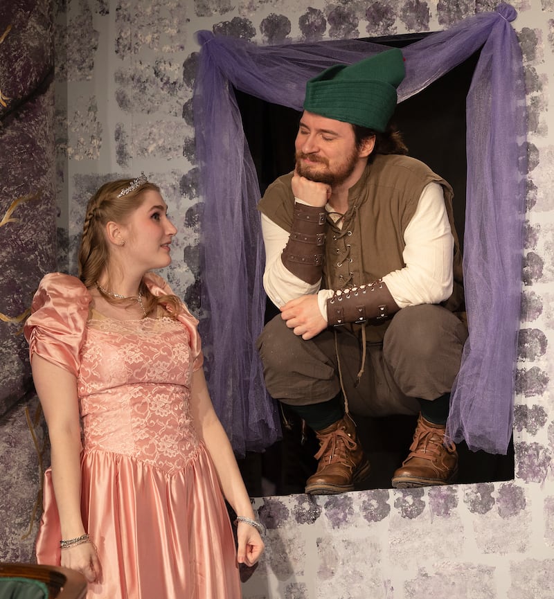 Rhylee Hinkle, playing Lady Marian, and Micah Megill, playing Robin Hood, rehearse a scene for Polo Area Community Theater’s “The Somewhat True Tale of Robin Hood” Wednesday, April 30, 2025.