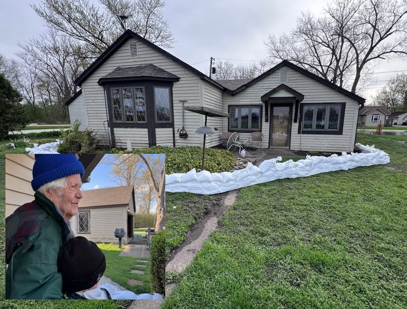 The Johnsburg community rallied to sandbag the home of Bill Breit, inset, an 87-year-old veteran who's on hospice care and didn't want to leave his riverfront home during the flooding of April 2026.