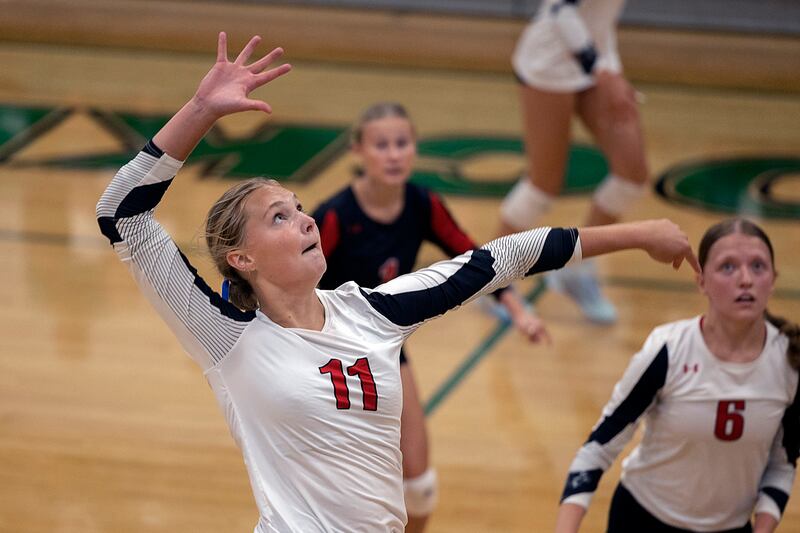 Erie-Prophetstown’s Lauren Abbott eyes the ball against Rock Falls on Thursday, Sept. 11, 2025.