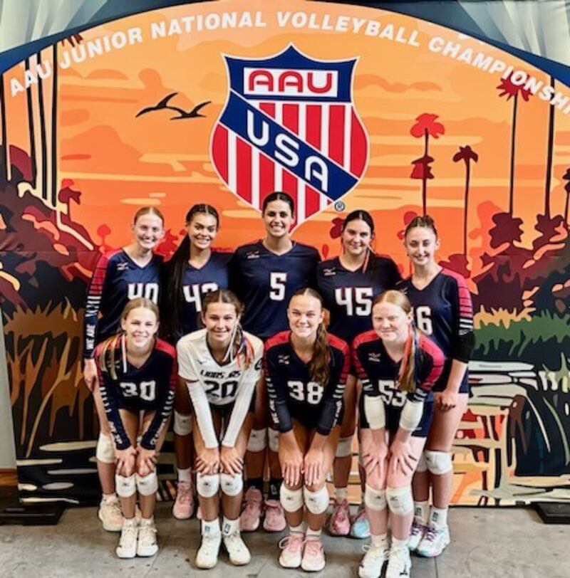 The Lions Jrs Starved Rock 16 Red club team placed fifth of 115 teams at the AAU Nationals Volleyball Tournament in Orlando, Fla. Team members are (front row, left) Sarah Wiesbrock, Meredith Waldron, Savannah Markey and Payten Harden; and (back row) Maggie Boudreau, Kijah Lucas, Bella Knoll, Myah Richardson and Kaitlyn Coutts.