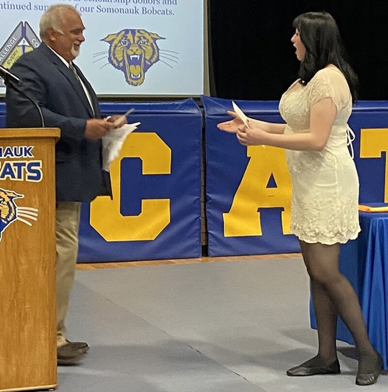 2025 Somonauk High School graduate Danielle Rankin receiving a Samardzija-Gutesha Family Fund scholarship