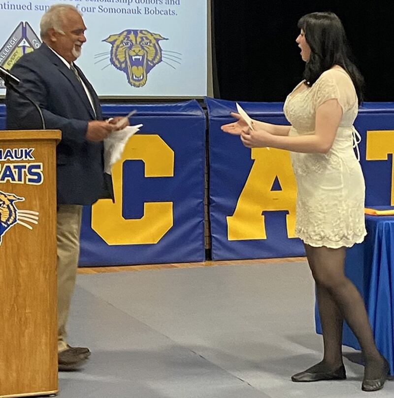2025 Somonauk High School graduate Danielle Rankin receiving a Samardzija-Gutesha Family Fund scholarship