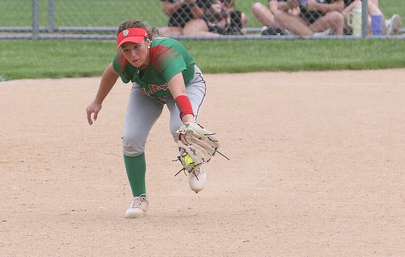 L-P's Callie Mertes makes a running catch on the infield against Ottawa on Wednesday, May 7, 2025 at Ottawa High School.