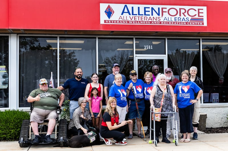 AllenForce staff, volunteers, and longtime supporters pose for a photo outside the new Veteran Wellness & Recreation Center in Joliet on July 25, 2025.
