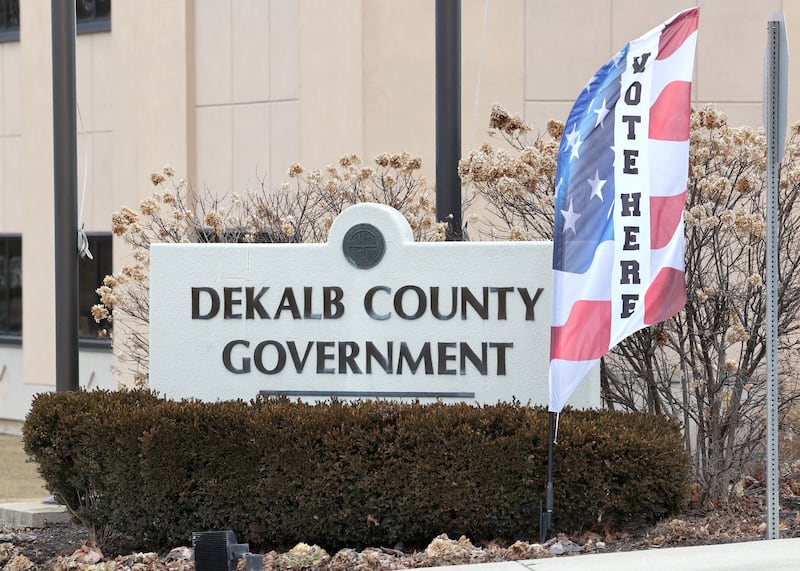A sign at the DeKalb County Legislative Center lets voters know Thursday, Feb. 23, 2023, that early voting is open at the complex in Sycamore.