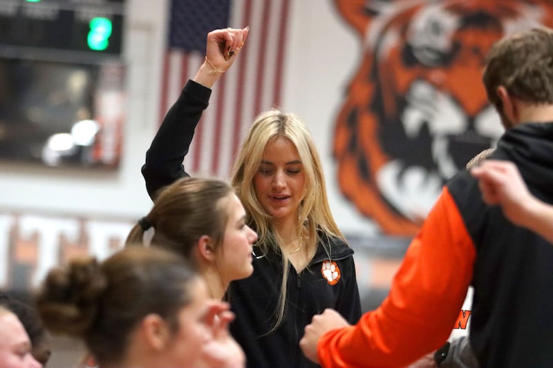 Crystal Lake Central’s Ruby Macke and the Tigers take a time out against Woodstock North in varsity girls basketball on Monday, Jan. 26, 2026, at Crystal Lake Central High School in Crystal Lake.