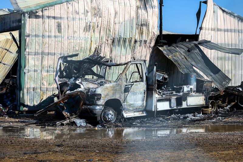 Burned-up remains are left at the scene of a fire Thursday, Feb. 27, 2025, in Sterling. The fire broke out early Thursday morning at 25590 W. Rock Falls Road.
