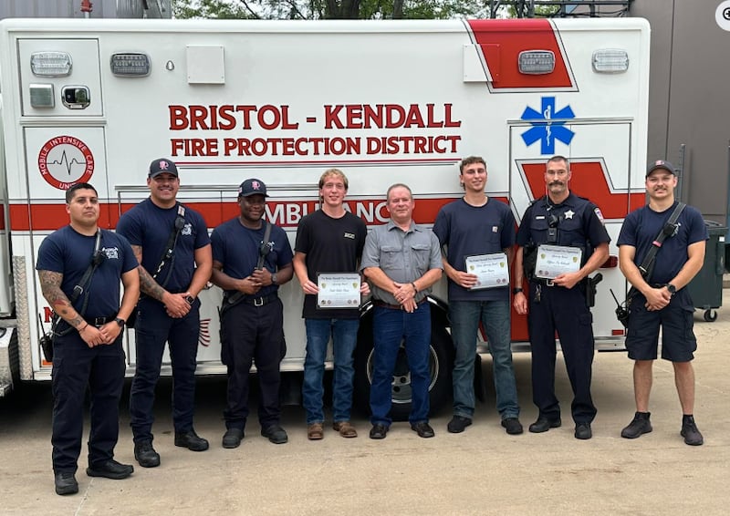 Lifesaving Awards were presented to three Yorkville individuals who helped save a man during cardiac arrest. Pictured, those who were on the scene that day, Jaime Martinez, Ryan Galvan, Richard Montgomery, Kaleb Dhuse, Randall Stiles, James Stepien, Tim Kolowski, and Lucas Lee.