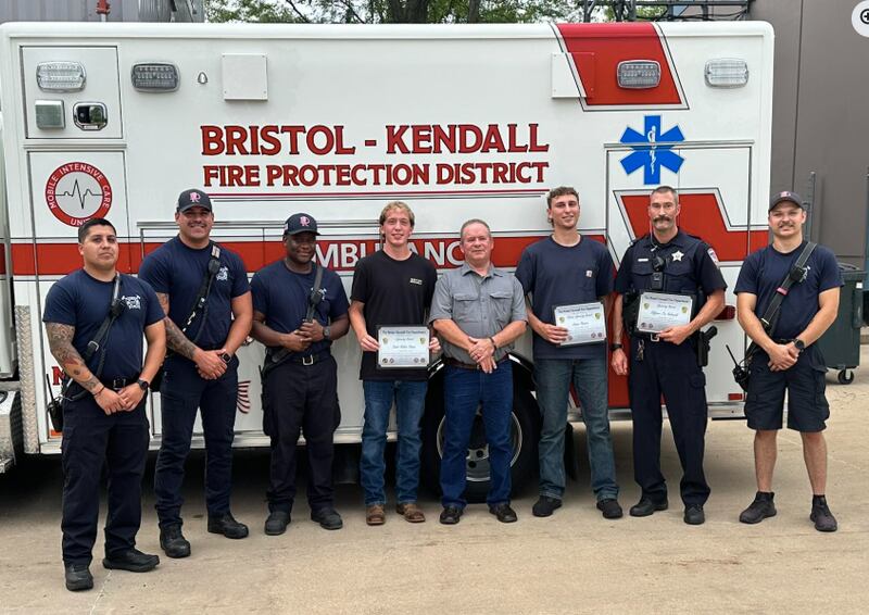 Lifesaving Awards were presented to three Yorkville individuals who helped save a man during cardiac arrest. Pictured, those who were on the scene that day, Jaime Martinez, Ryan Galvan, Richard Montgomery, Kaleb Dhuse, Randall Stiles, James Stepien, Tim Kolowski, and Lucas Lee.