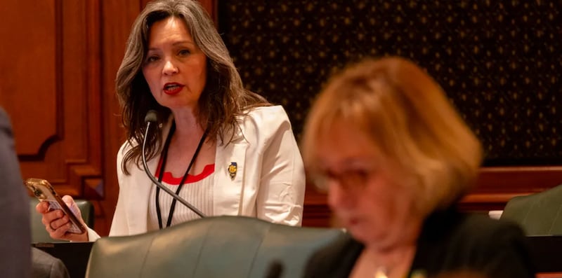 Rep. Nicolle Grasse, D-Arlington Heights, speaks during debate over a bill legalizing medically assisted suicide. She looks at bill sponsor Rep. Robyn Gabel, D-Evanston, pictured in the foreground.