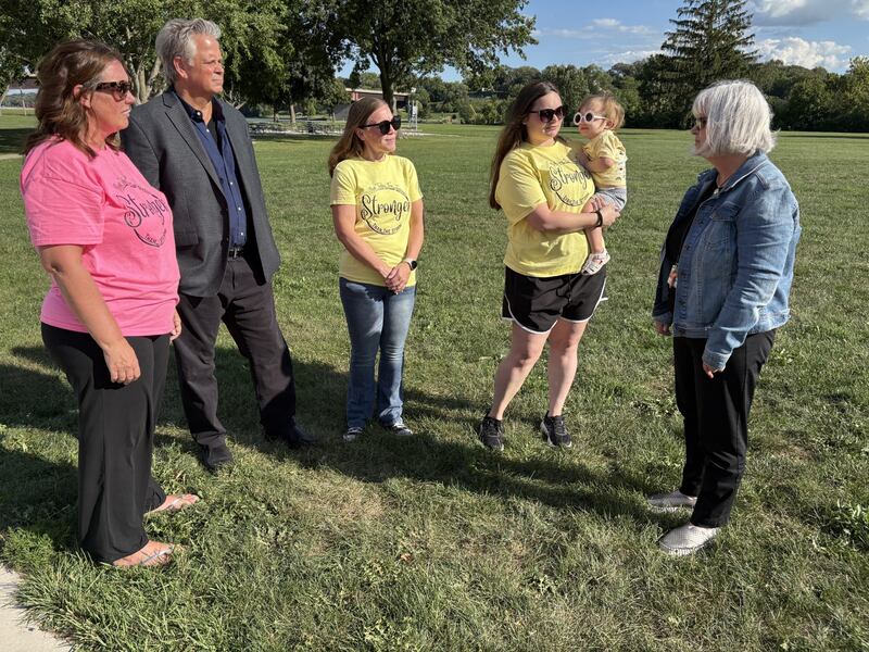 A total of $14,000 was awarded this week to two nonprofits by organizers of the Run Today for Tomorrow (RTFT) 5K Run/Walk in Ottawa. Pictured are RTFT’s Renee Durdan, left, Youth Service Bureau Executive Director Sam Tenuto, RTFT’s Katie Fleming, organizer Emily Hardee with 18-month-old daughter Peyton, and North Central Behavioral Health Systems’ Angie Hughes. The YSB and NCBHS each received $7,000 in proceeds from the race.