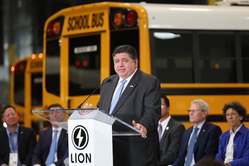 Governor JB Pritzker speaks at the grand opening of the Lion Electric manufacturing facility on Friday, July 21st, 2023 in Joliet.