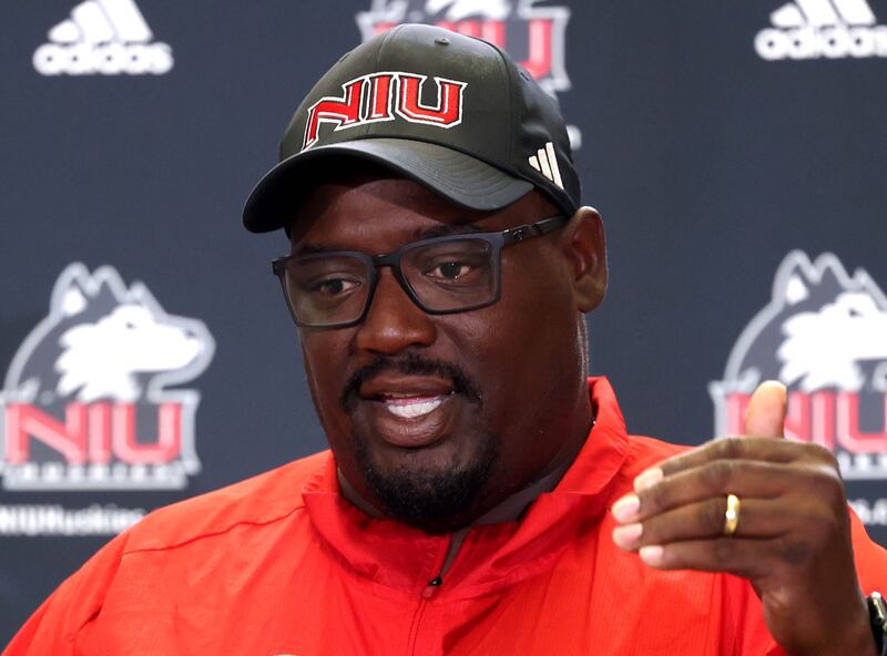 Thomas Hammock, Northern Illinois University football head coach, speaks Wednesday, Aug. 13, 2025, during the NIU fall sports media day in the Yordon Center at NIU in DeKalb.