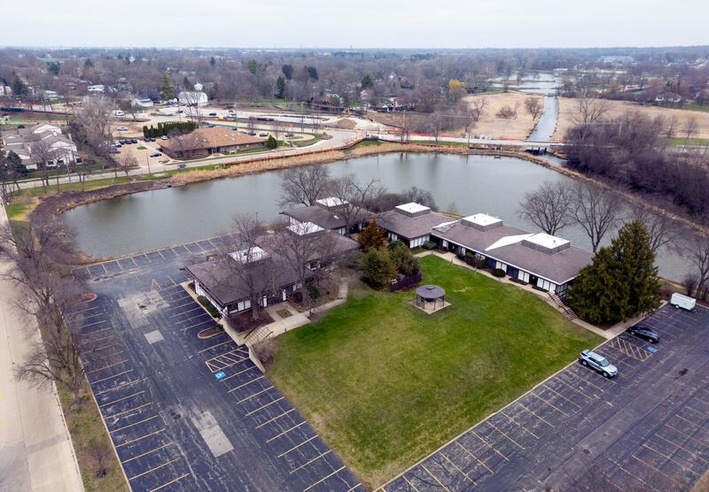 Looking east towards 1113-1135 Wheaton Oaks Court Thursday, April 10, 2025 in Wheaton Ill. The property owners are asking the city to rezone the office campus near Cosley Zoo to allow for a future residential development. The current office complex has "functional, physical and economic obsolescence," per the petition.