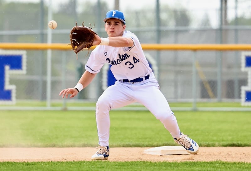 Princeton short stop Jack Oester takes the throw to second base against IVC tuesday at Prather Field. The Grey Ghosts beat the Tigers 19-5.